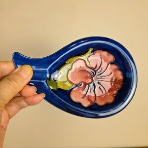 Moorcroft Hibiscus Ashtray | Vintage English Cobalt Blue Floral Art Pottery